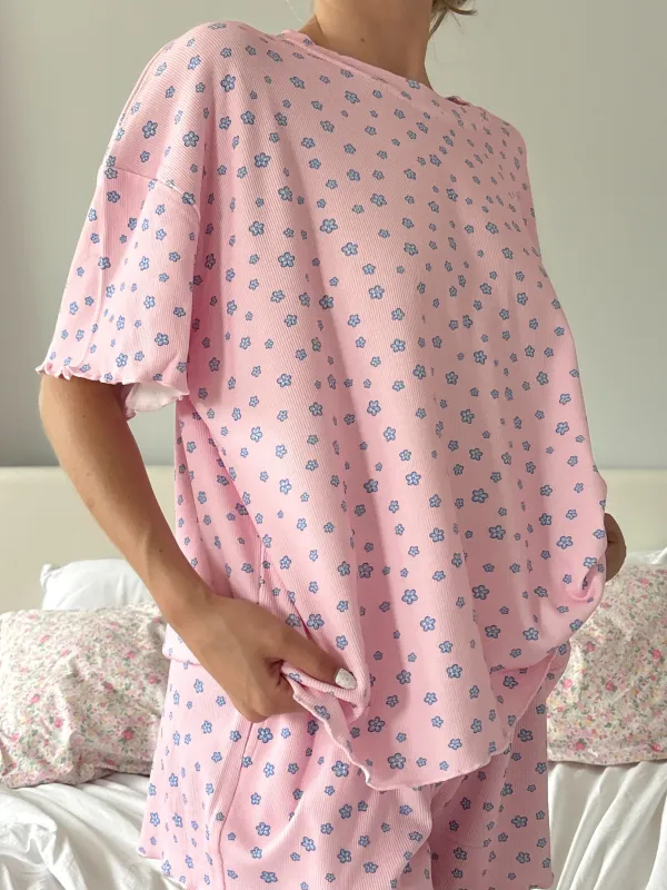 Light Pink Lilo Blue Floral Short Sleeve Pajama Top sold by Sunkissed Coconut
