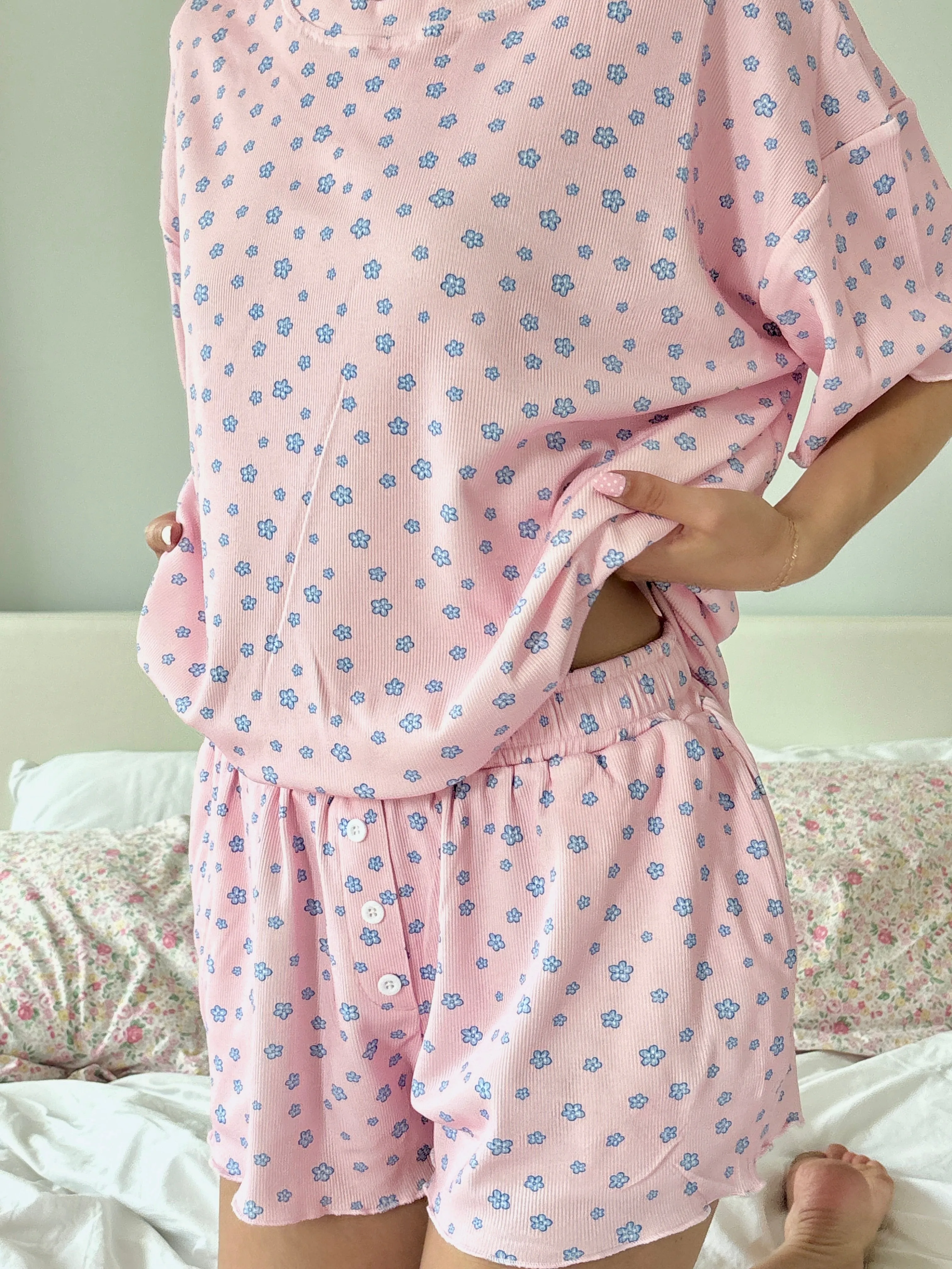 Light Pink Lilo Blue Floral Pajama Shorts sold by Sunkissed Coconut