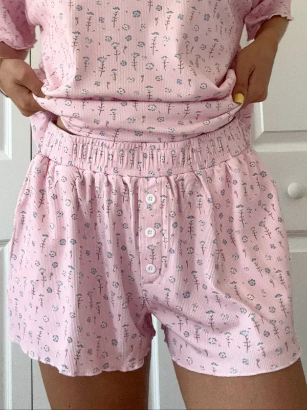 Light Pink Ditsy Blue Floral Pajama Shorts sold by Sunkissed Coconut