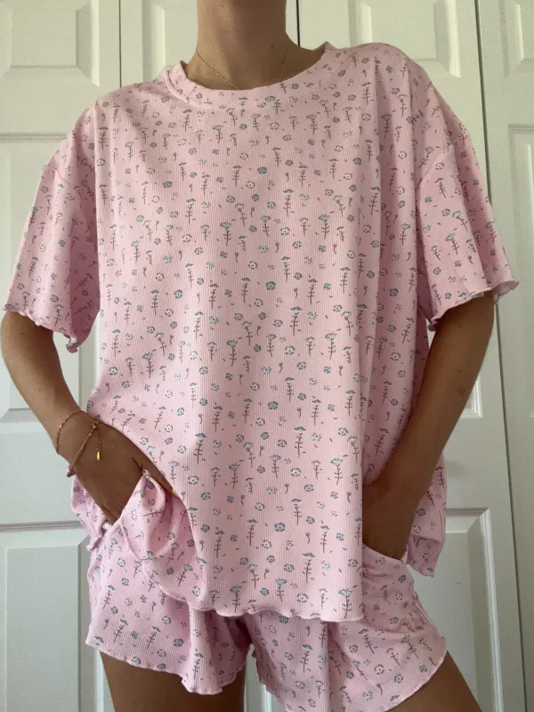 Light Pink Ditsy Blue Floral Short Sleeve Pajama Top sold by Sunkissed Coconut