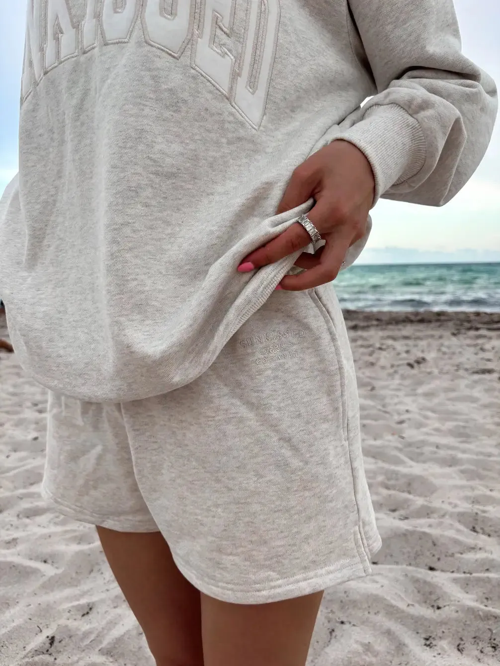 Oat Milk Grey Embroidered Sweat Shorts 100% Cotton sold by Sunkissed Coconut