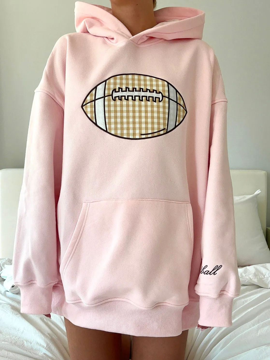 Light Pink Game Day Gingham Football Embroider Hoodie sold by Sunkissed Coconut product image thumbnail 2