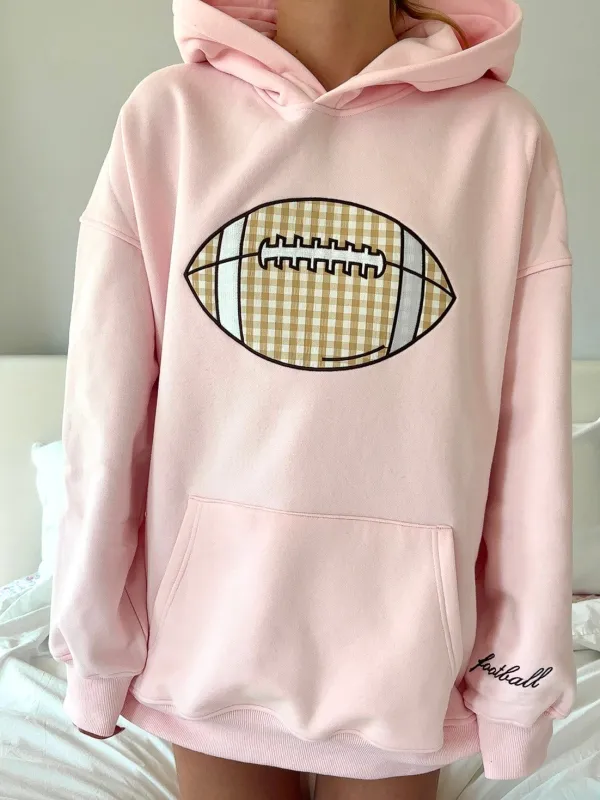 Light Pink Game Day Gingham Football Embroider Hoodie sold by Sunkissed Coconut