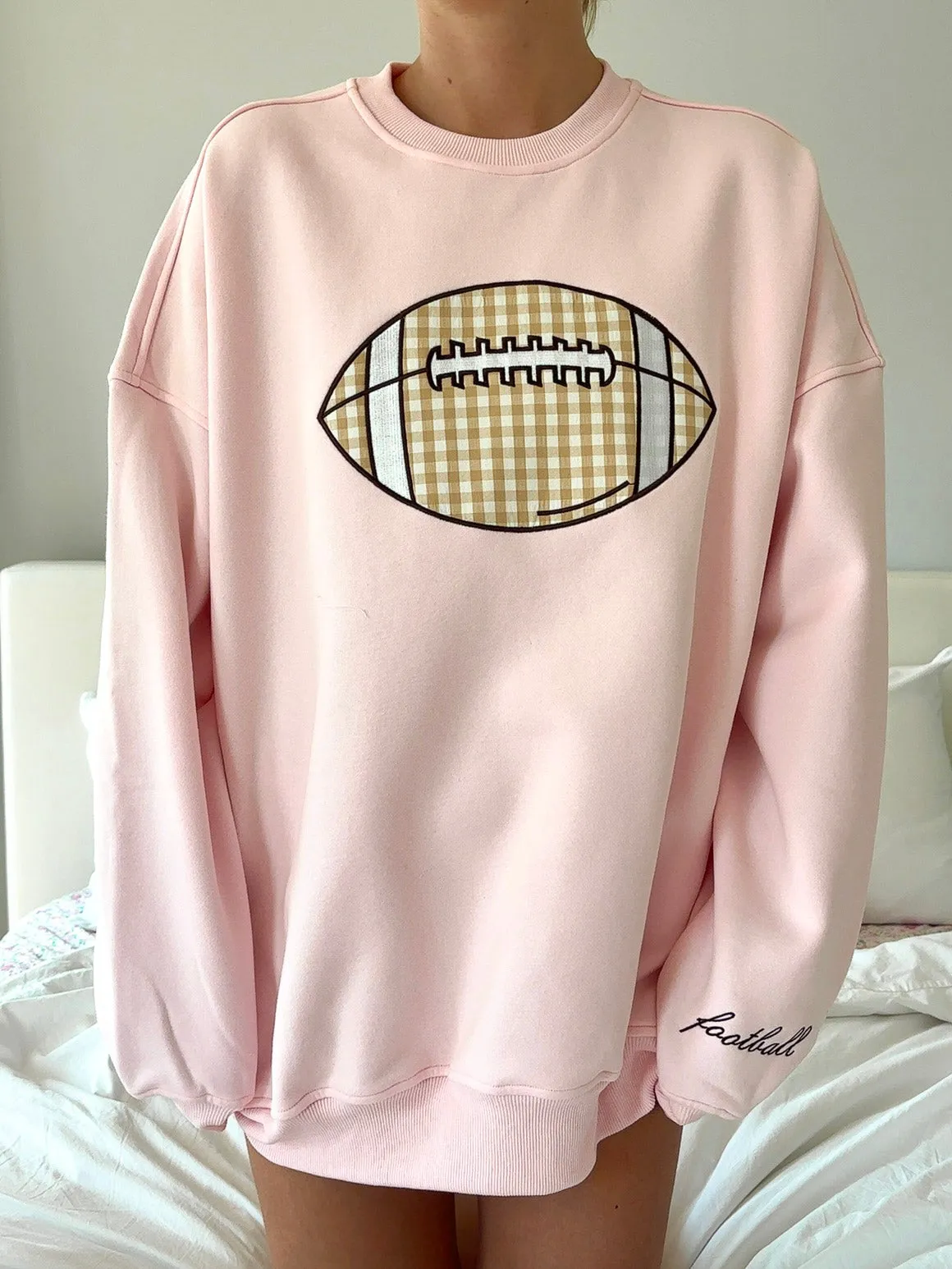 Light Pink Game Day Gingham Football Embroider Sweatshirt sold by Sunkissed Coconut