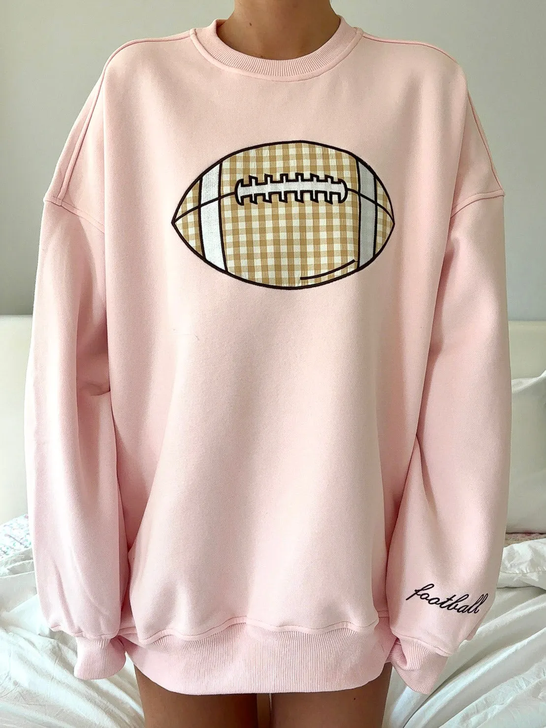 Light Pink Game Day Gingham Football Embroider Sweatshirt sold by Sunkissed Coconut product image thumbnail 3