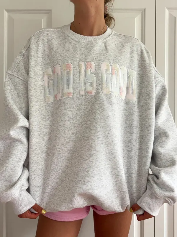 God Is Good Quilted Pastel Embroidered Sweatshirt sold by Sunkissed Coconut