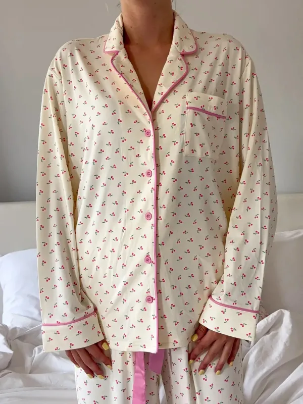 Cherries All Over Long Sleeve Button Up Pajama Top sold by Sunkissed Coconut
