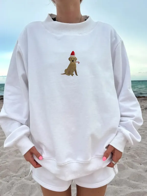 White Christmas Dog Santa Hat Embroidered Mockneck Sweatshirt 100% Cotton sold by Sunkissed Coconut