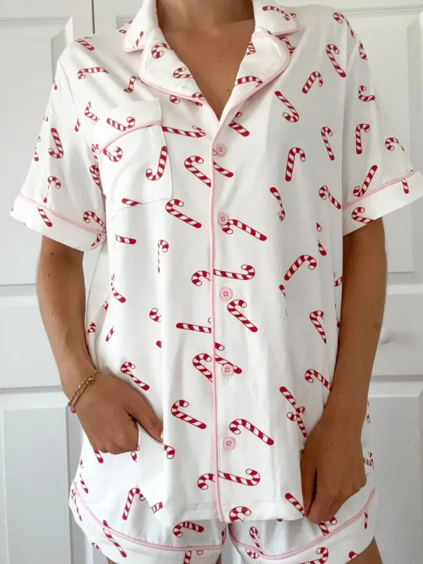 Candy Cane Holiday Christmas Short Sleeve Button Up Pajama Top sold by Sunkissed Coconut