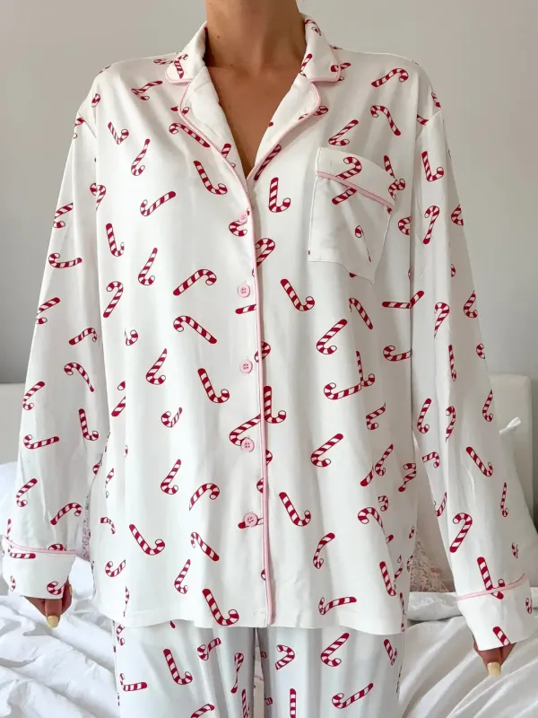 Candy Cane Holiday Christmas Long Sleeve Button Up Pajama Top sold by Sunkissed Coconut