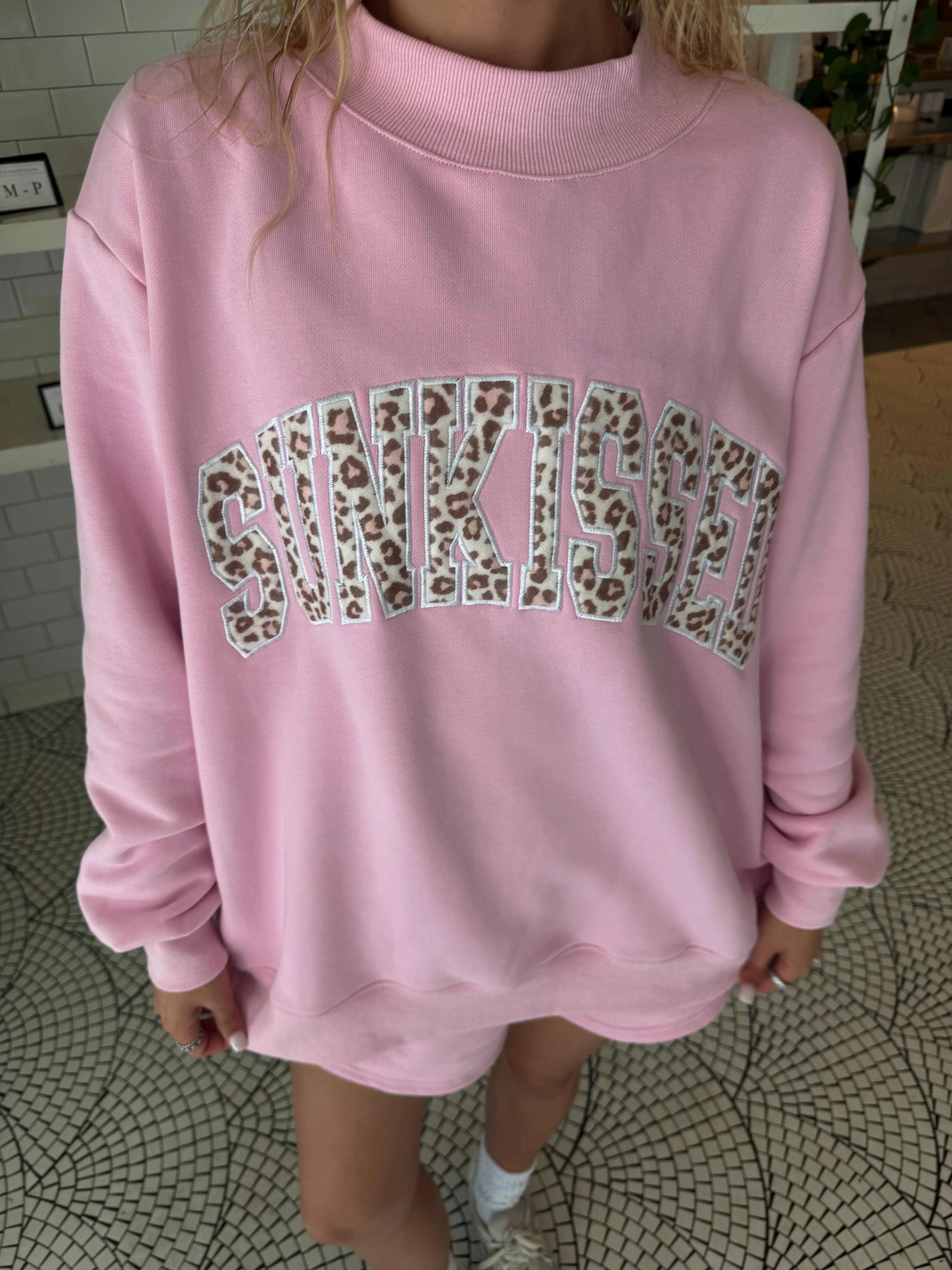 Bubblegum Pink Cheetah Print Varsity Sunkissed Embroidered Mockneck Sweatshirt 100% Cotton sold by Sunkissed Coconut