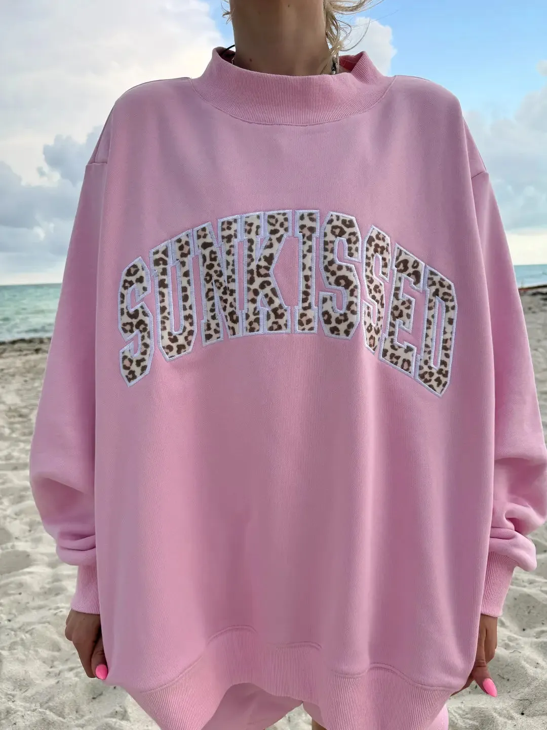 Bubblegum Pink Cheetah Print Varsity Sunkissed Embroidered Mockneck Sweatshirt 100% Cotton sold by Sunkissed Coconut product image thumbnail 3