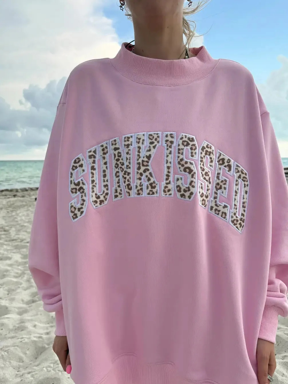 Bubblegum Pink Cheetah Print Varsity Sunkissed Embroidered Mockneck Sweatshirt 100% Cotton sold by Sunkissed Coconut product image thumbnail 4