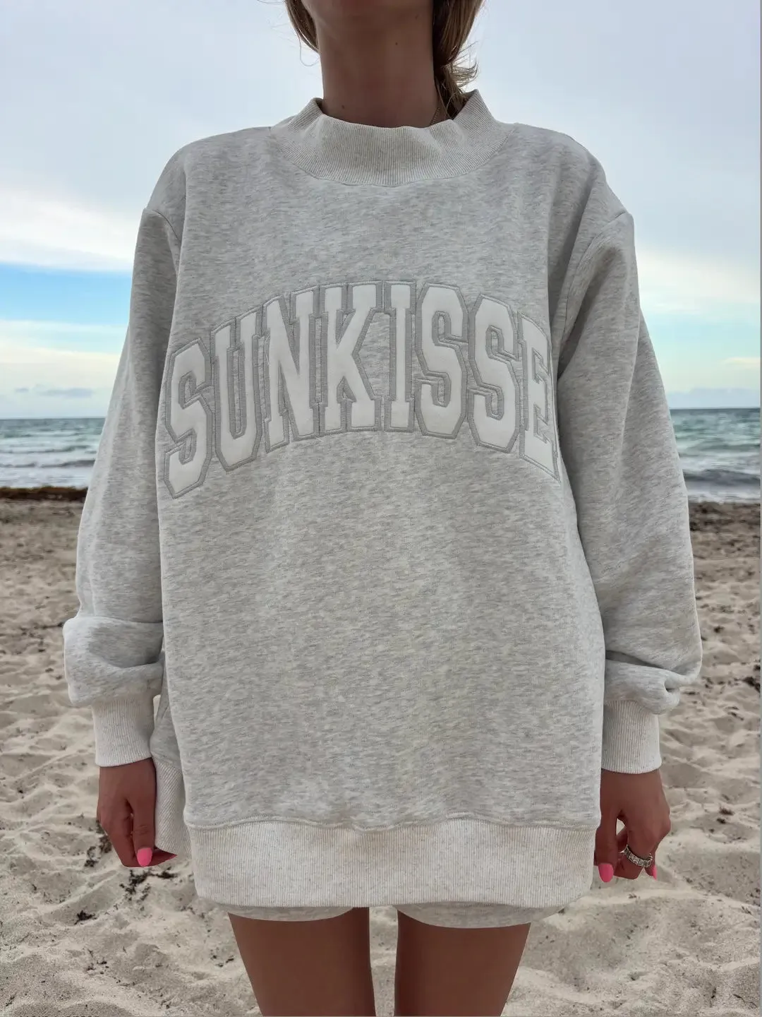 Pearl Grey Varsity Sunkissed Embroidered Mockneck Sweatshirt 100% Cotton sold by Sunkissed Coconut product image thumbnail 2