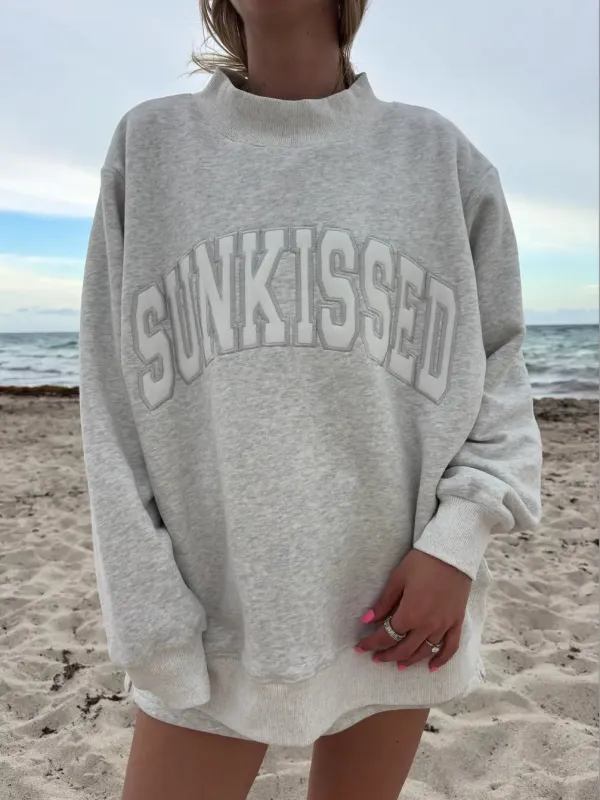 Pearl Grey Varsity Sunkissed Embroidered Mockneck Sweatshirt 100% Cotton sold by Sunkissed Coconut