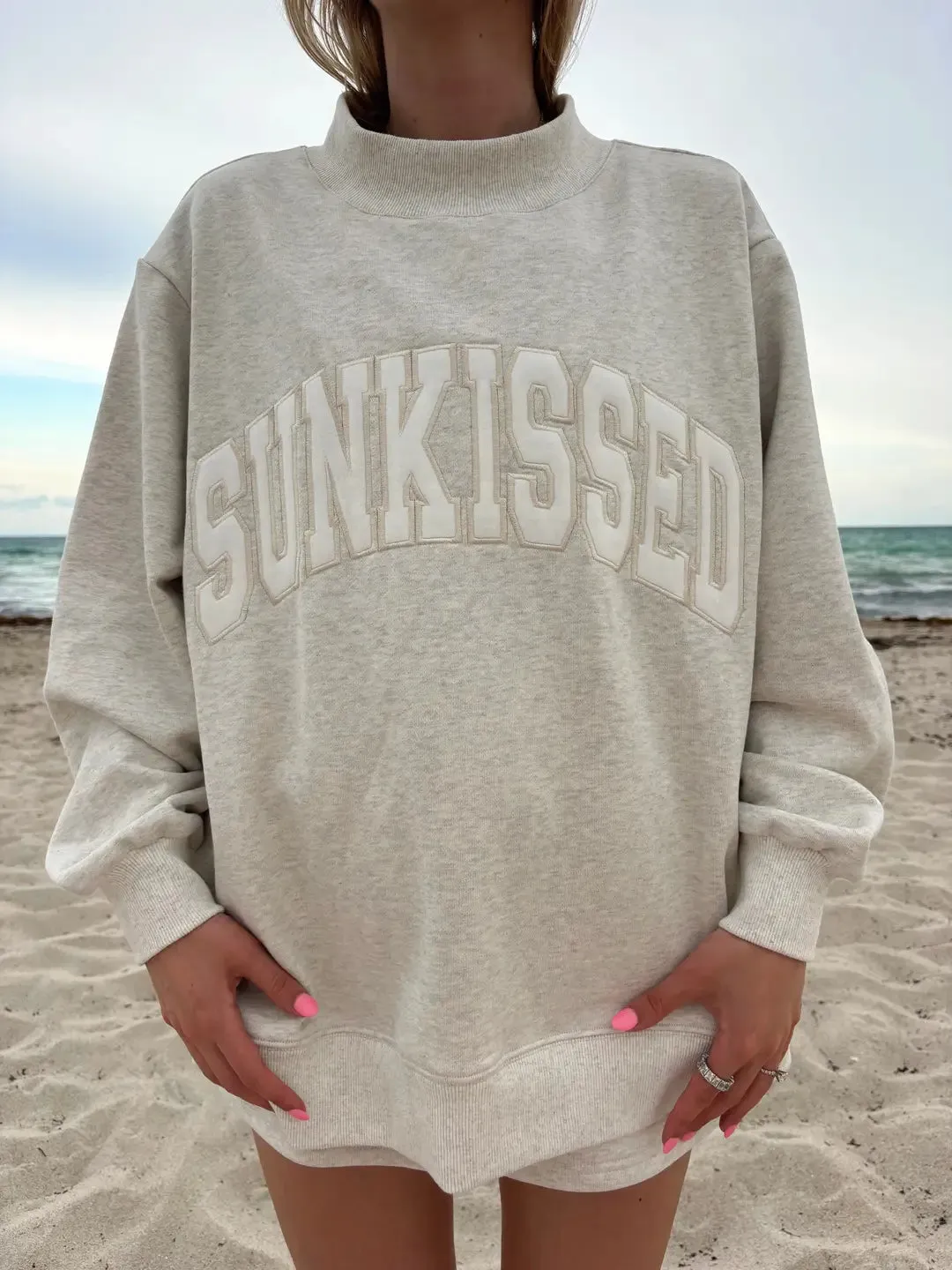 Oat Milk Grey Varsity Sunkissed Embroidered Mockneck Sweatshirt 100% Cotton sold by Sunkissed Coconut product image thumbnail 2