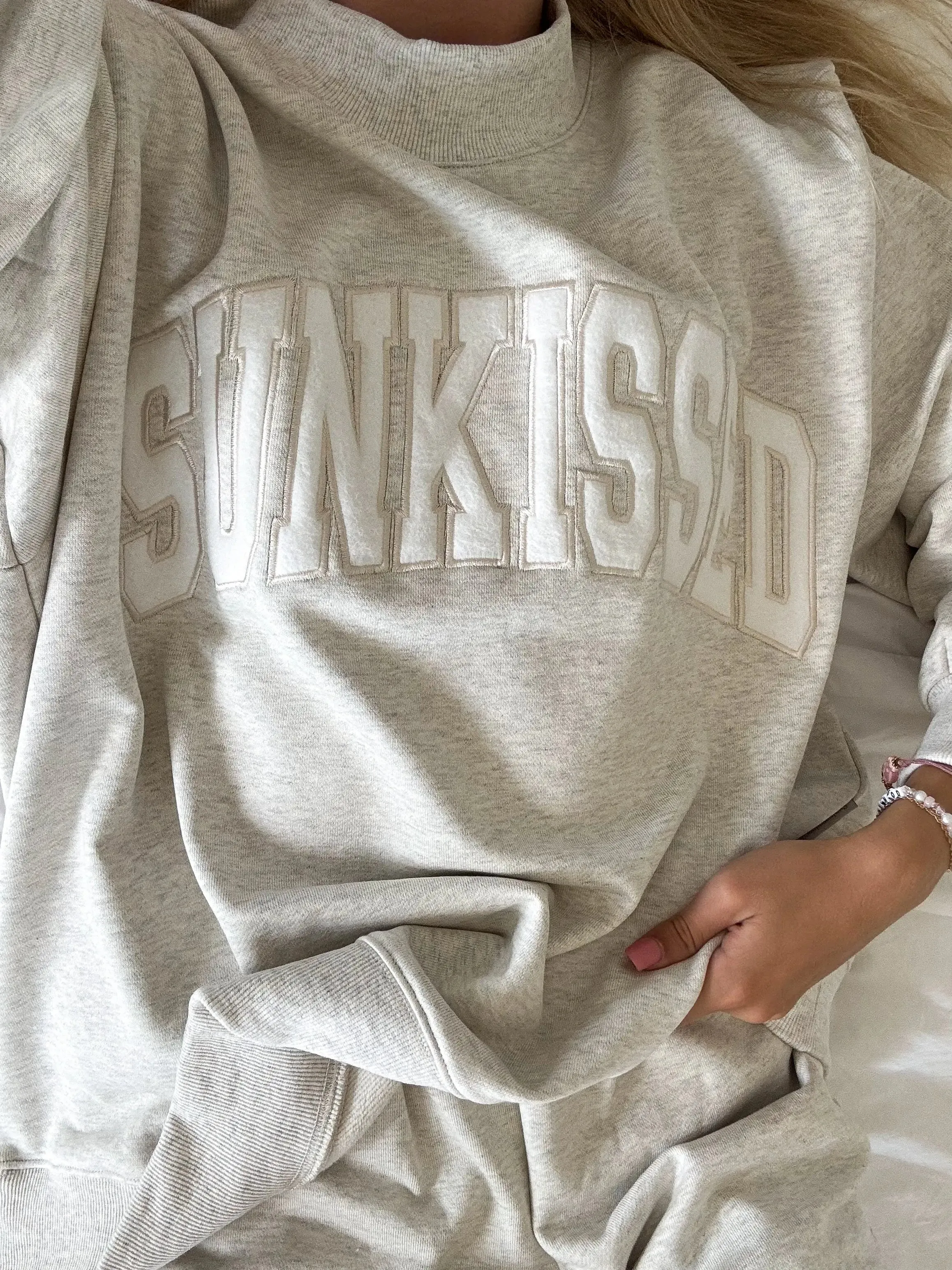 Oat Milk Grey Varsity Sunkissed Embroidered Mockneck Sweatshirt 100% Cotton sold by Sunkissed Coconut