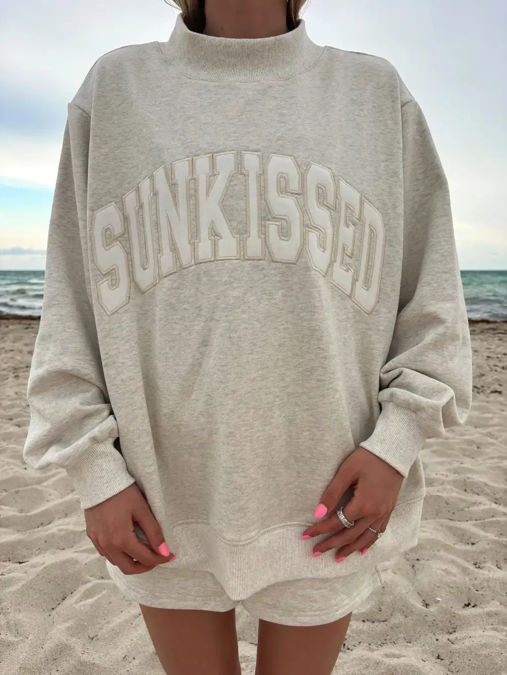 Oat Milk Grey Varsity Sunkissed Embroidered Mockneck Sweatshirt 100% Cotton sold by Sunkissed Coconut product image thumbnail 4