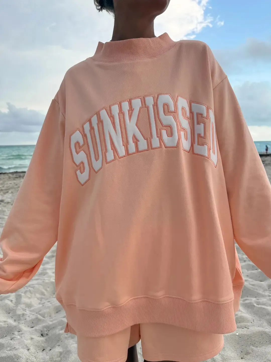 Papaya Orange Sunkissed Collegiate Embroider Oversized Mockneck Sweatshirt sold by Sunkissed Coconut product image thumbnail 3