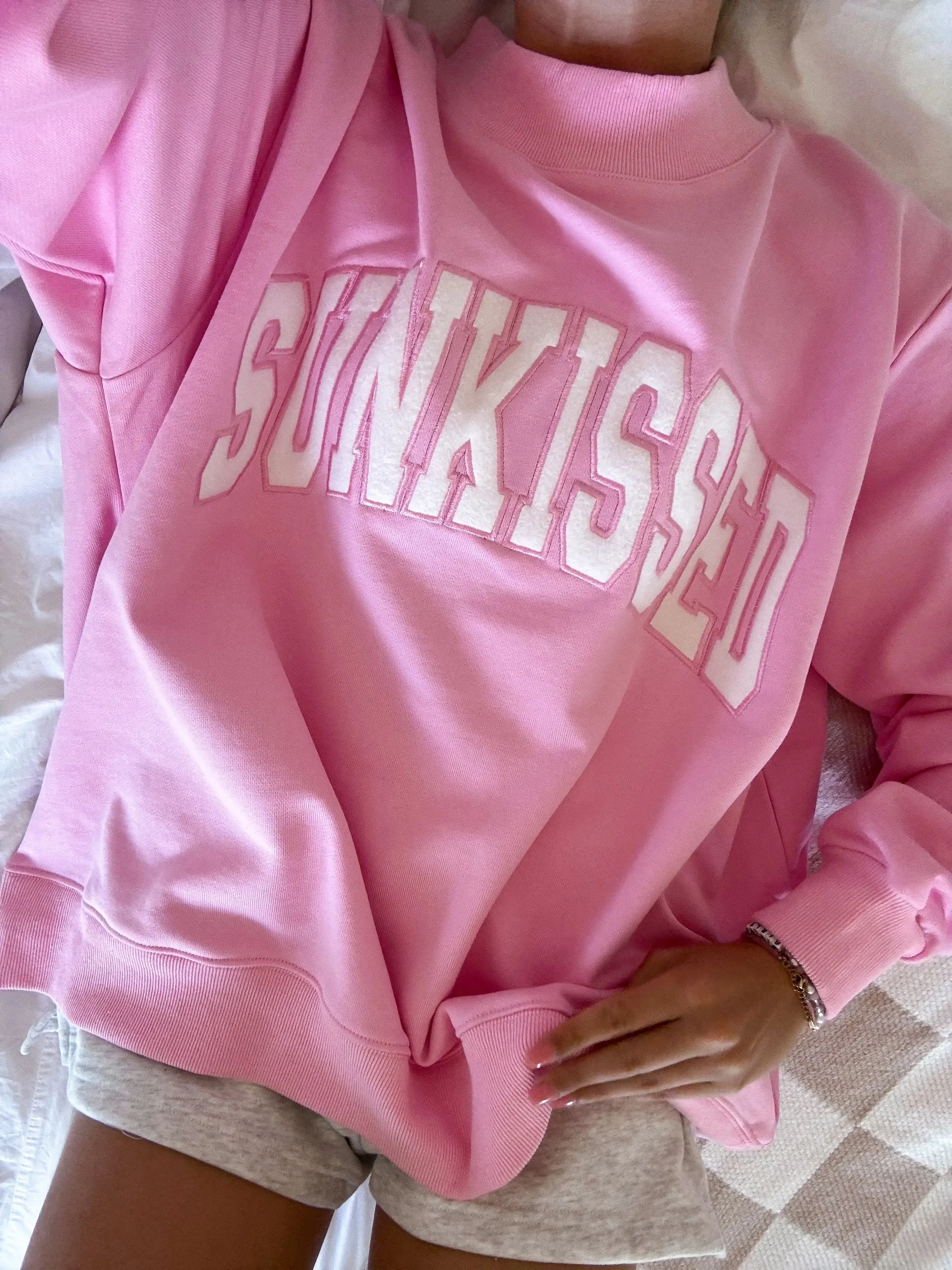 Lottie Pink Varsity Sunkissed Embroidered Mockneck Sweatshirt 100% Cotton sold by Sunkissed Coconut