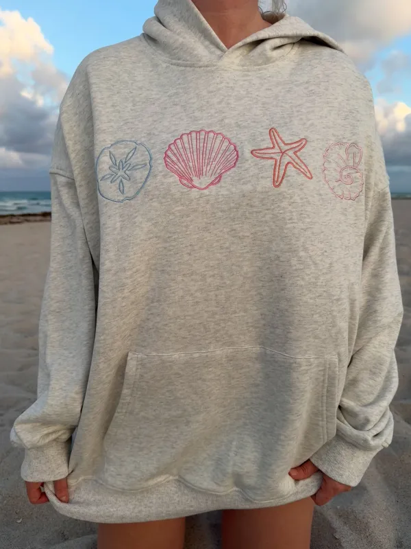 Oat Milk Grey Seashell Embroidered Hoodie 100% Cotton sold by Sunkissed Coconut