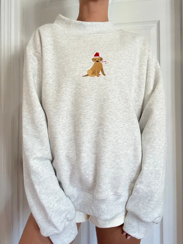 Pearl Grey Christmas Dog Santa Hat Embroidered Mockneck Sweatshirt 100% Cotton sold by Sunkissed Coconut