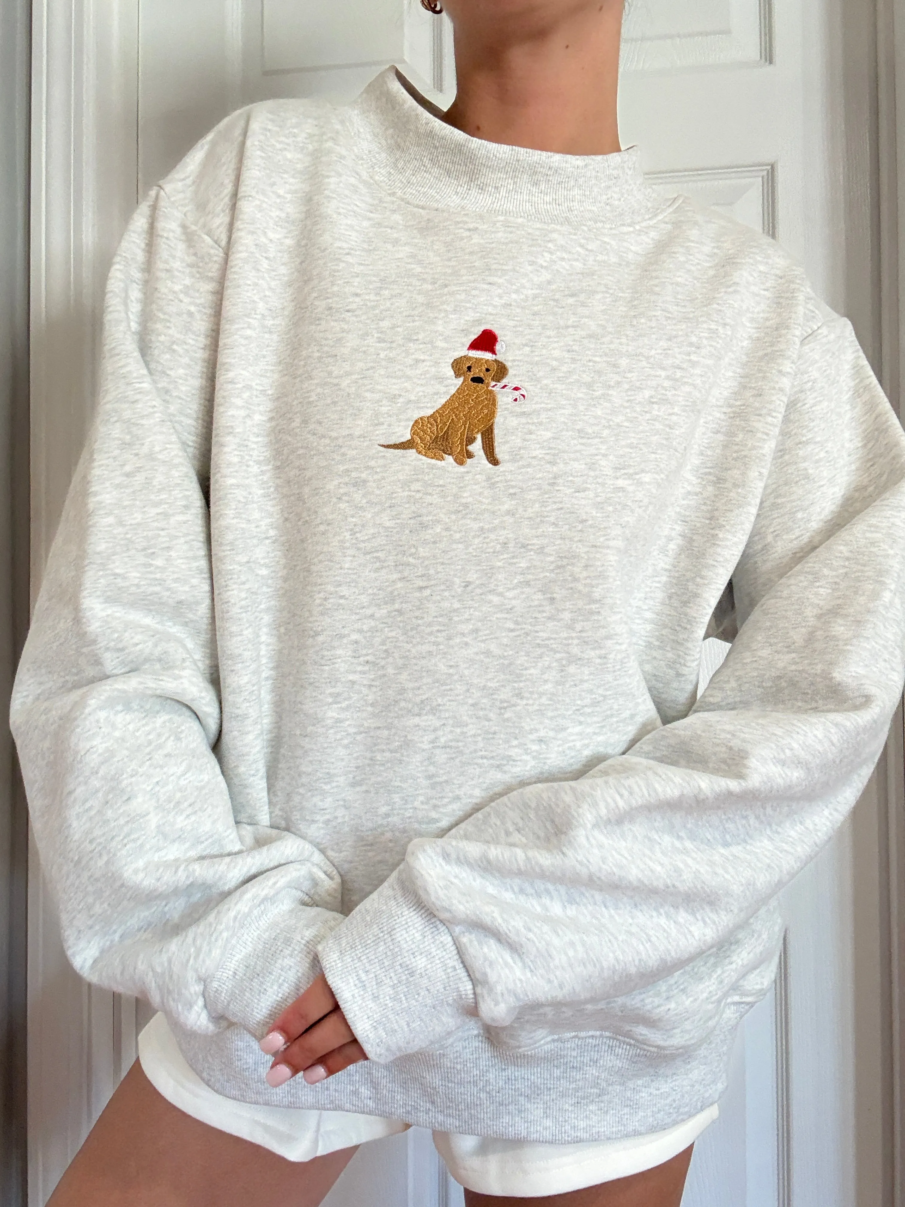 Pearl Grey Christmas Dog Santa Hat Embroidered Mockneck Sweatshirt 100% Cotton sold by Sunkissed Coconut product image thumbnail 2