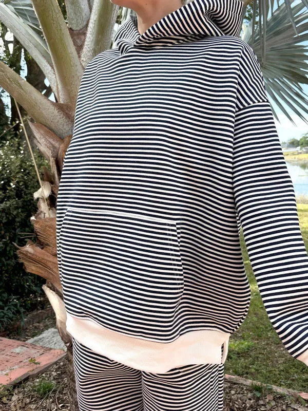 Dark Navy Blue and White Big Striped Hoodie made by Sunkissed Coconut
