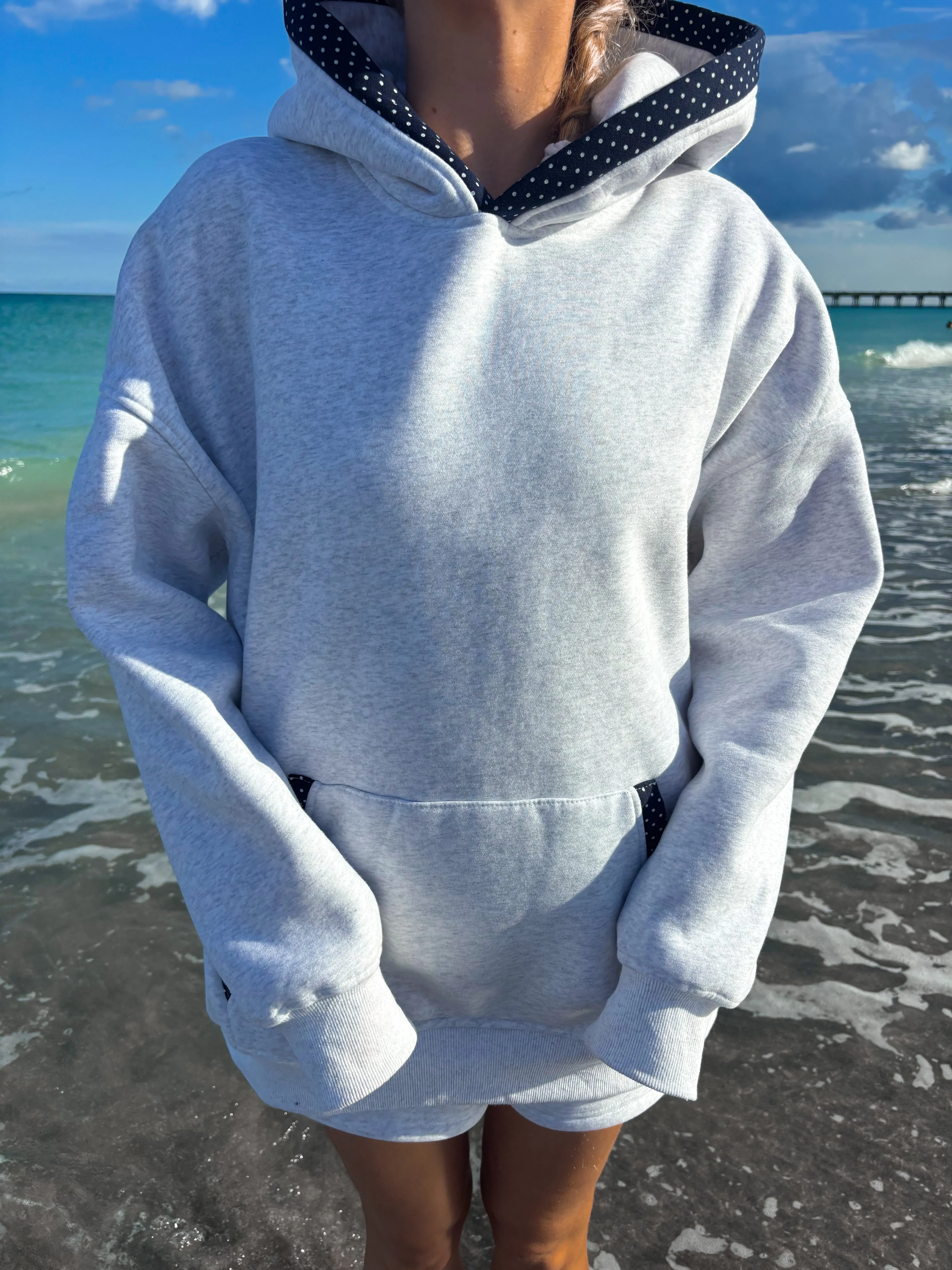 Pearl Grey Navy Blue Polka Dot Hoodie sold by Sunkissed Coconut product image thumbnail 4