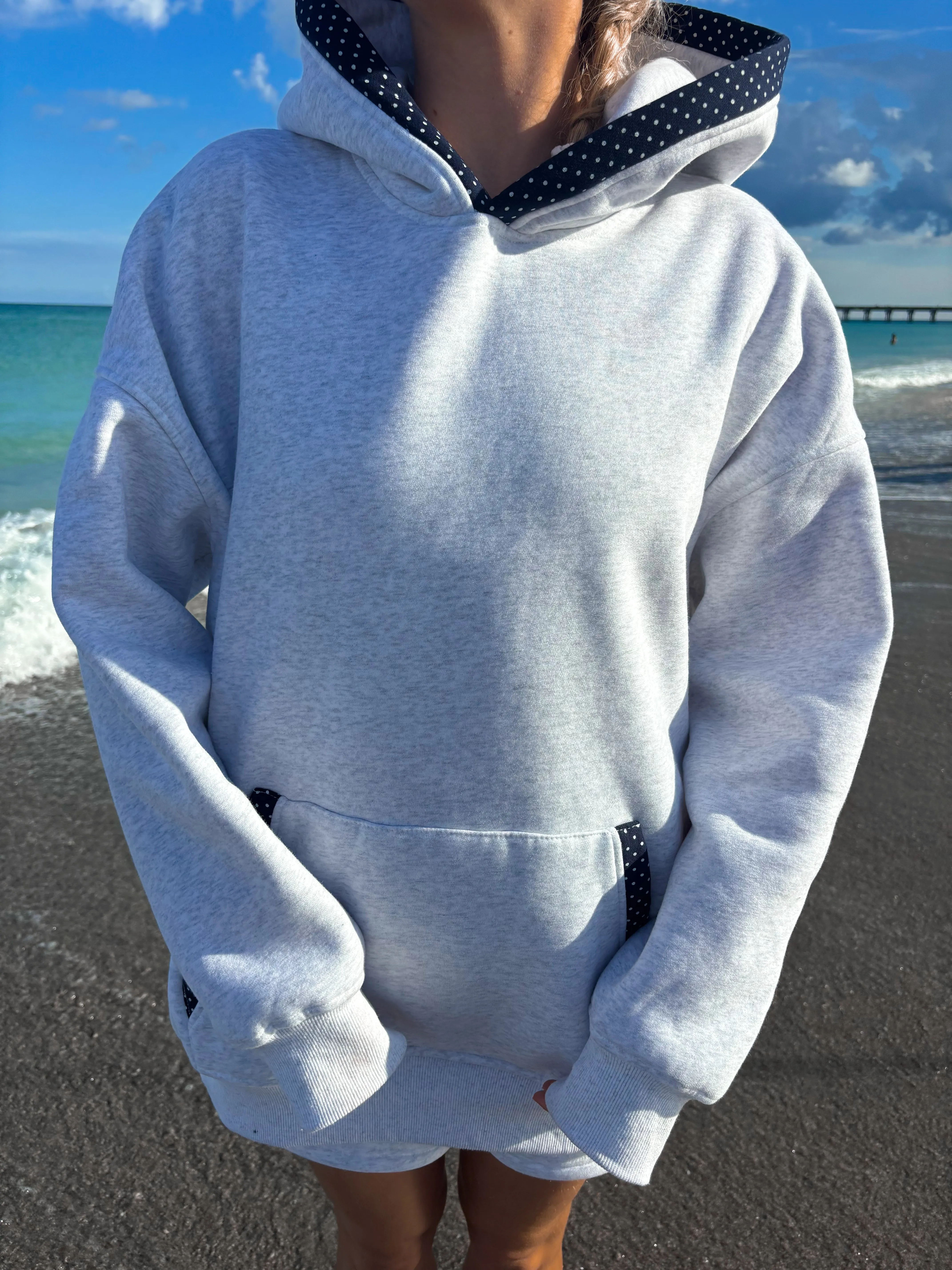 Pearl Grey Navy Blue Polka Dot Hoodie sold by Sunkissed Coconut product image thumbnail 5