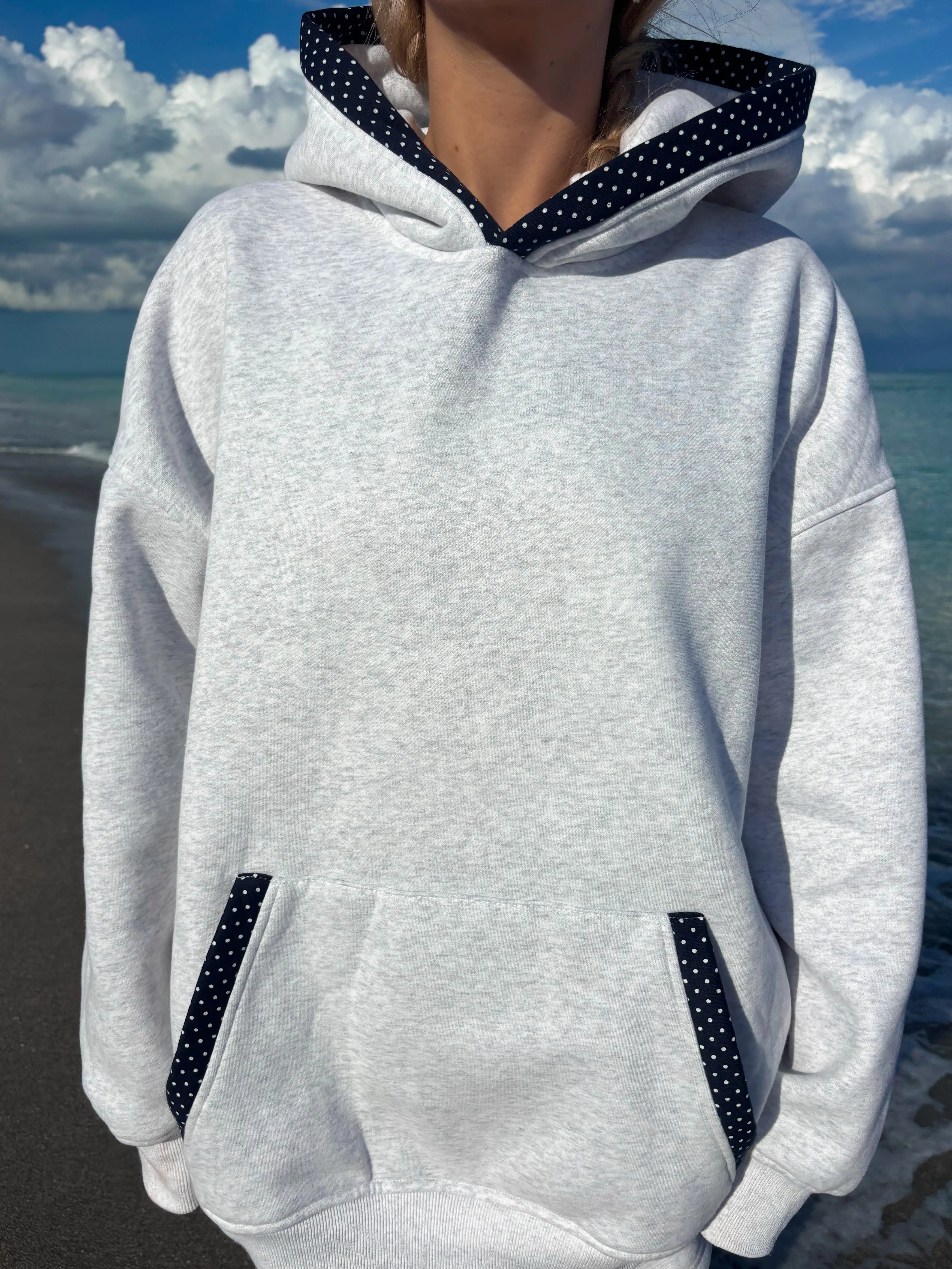 Pearl Grey Navy Blue Polka Dot Hoodie sold by Sunkissed Coconut product image thumbnail 2