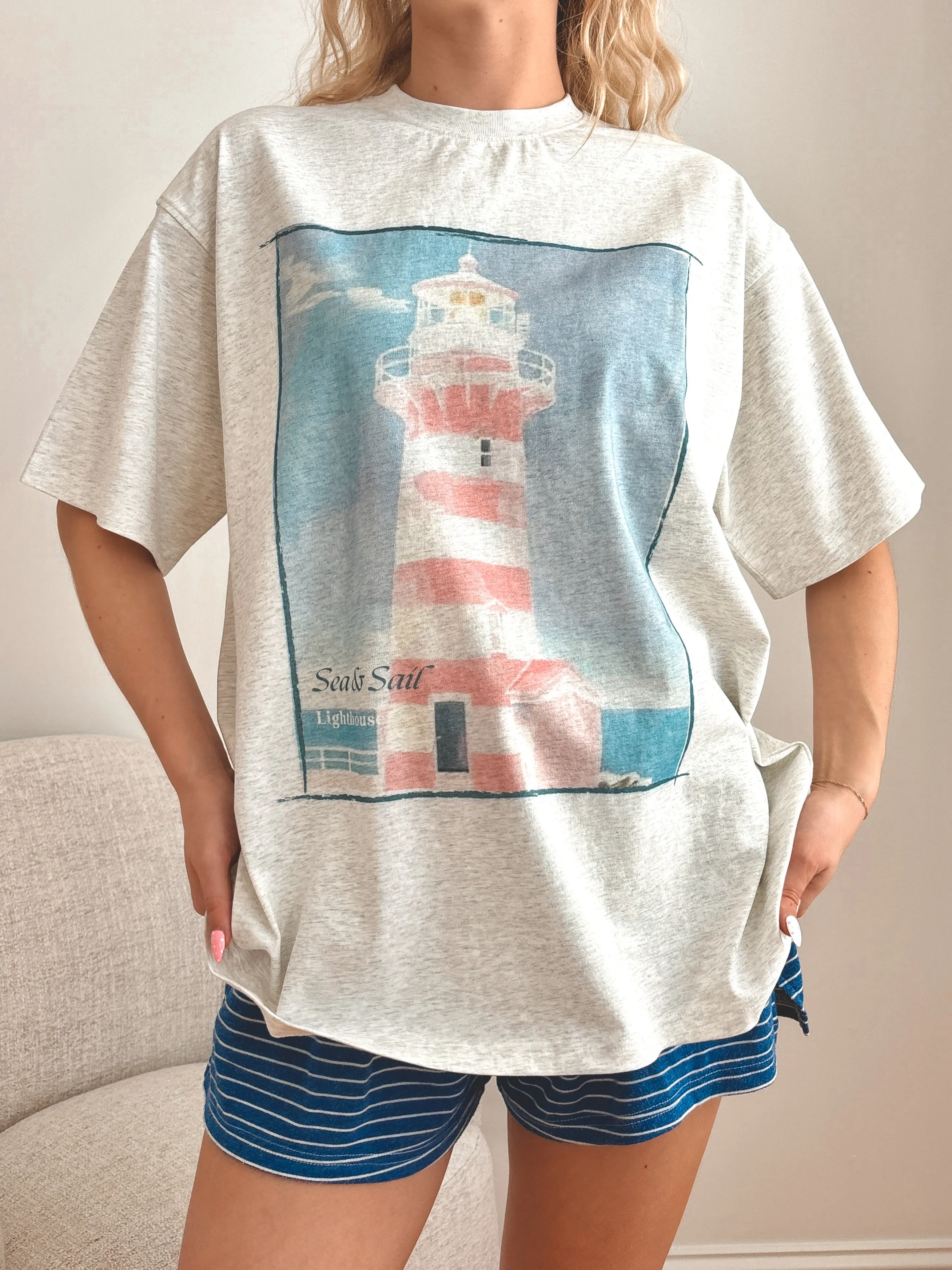 Pearl Grey Coastal Lighthouse Printed Tee sold by Sunkissed Coconut product image thumbnail 4