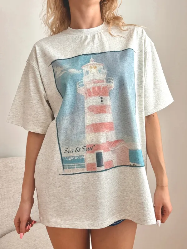 Pearl Grey Coastal Lighthouse Printed Tee made by Sunkissed Coconut