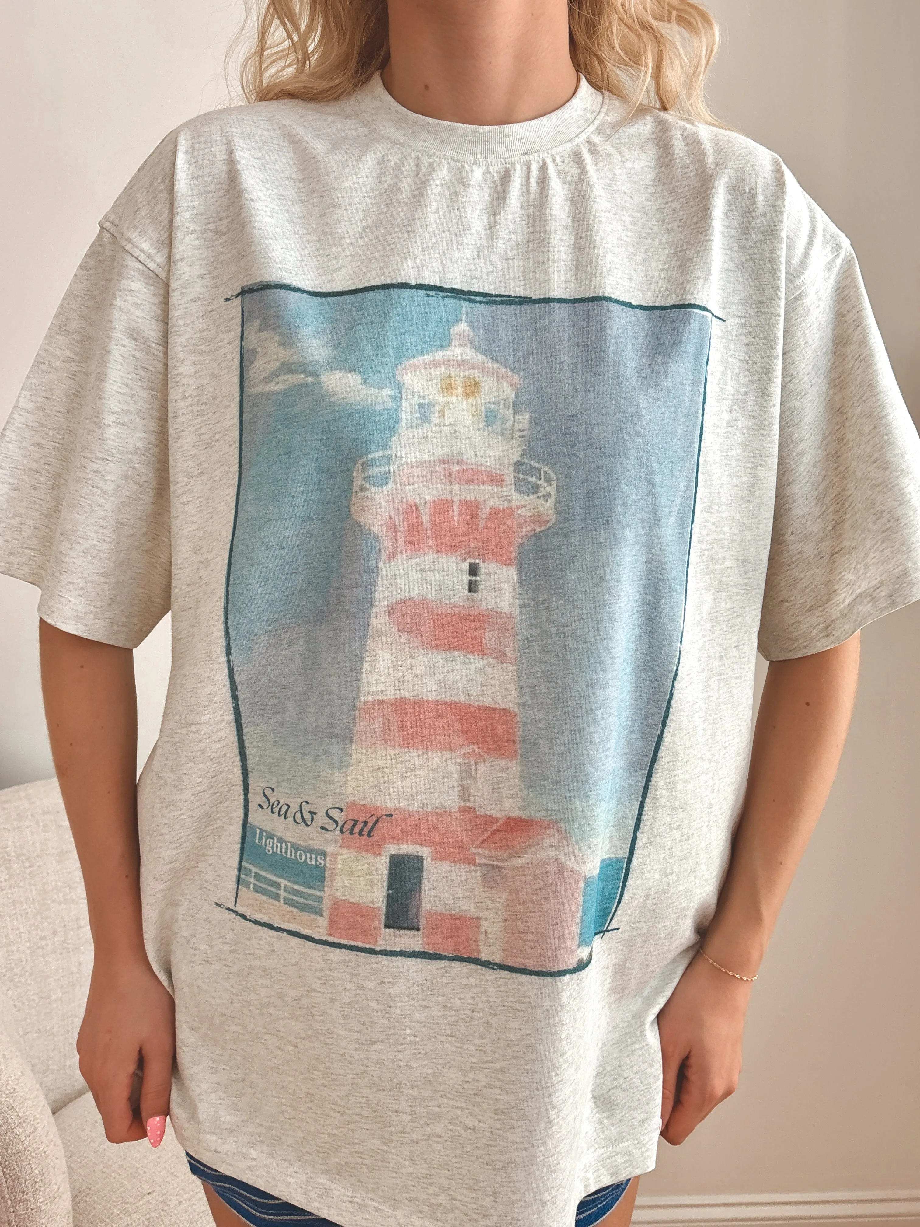 Pearl Grey Coastal Lighthouse Printed Tee sold by Sunkissed Coconut product image thumbnail 3