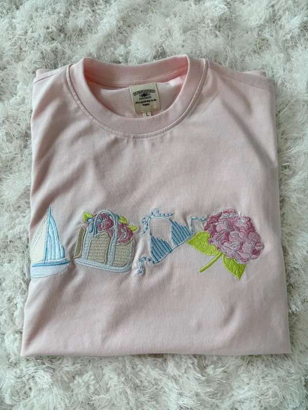 Midweight Pale Pink Old Harbor Garden Embroider Tee made by Sunkissed Coconut