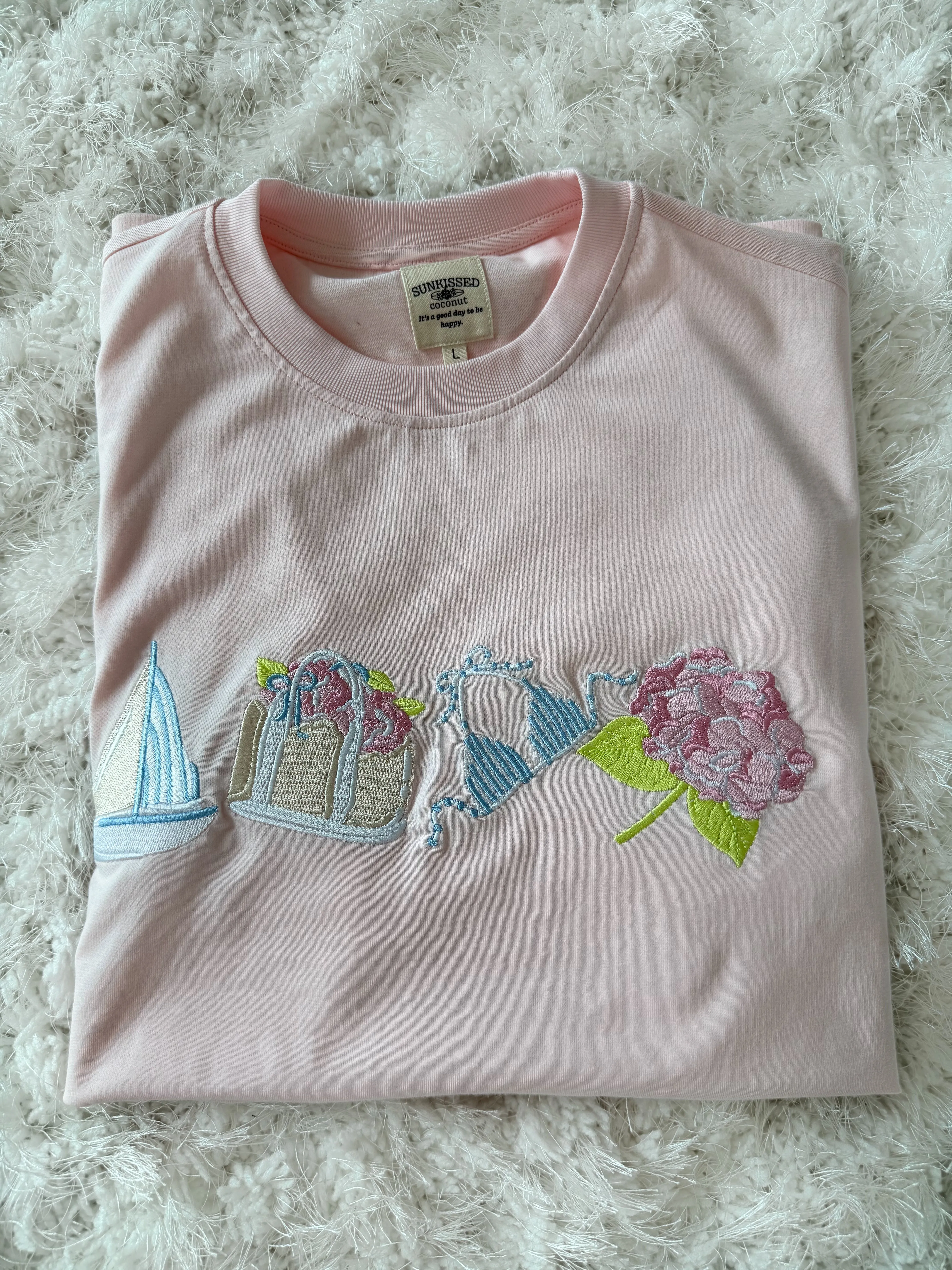 Midweight Pale Pink Old Harbor Garden Embroider Tee sold by Sunkissed Coconut