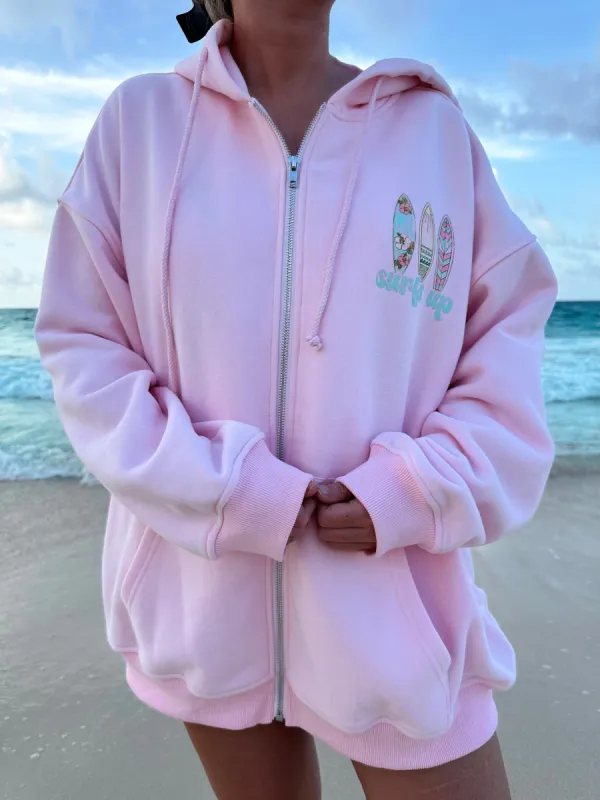Light Pink Surfs Up Zip Up Hoodie sold by Sunkissed Coconut