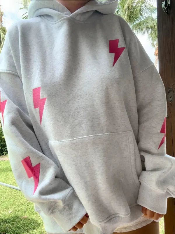 Pearl Grey Embroider Lightning Bolt Hoodie sold by Sunkissed Coconut