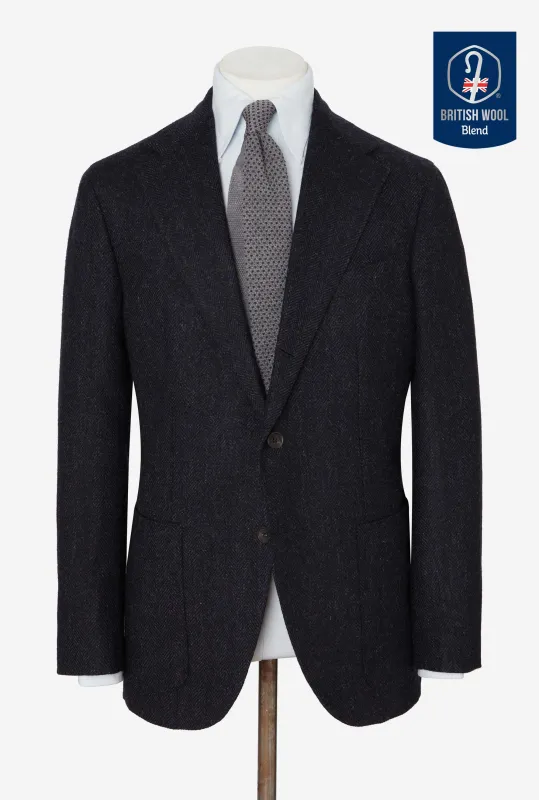 Sport Jacket Wool Dark Navy Herringbone made by Anglo Italian