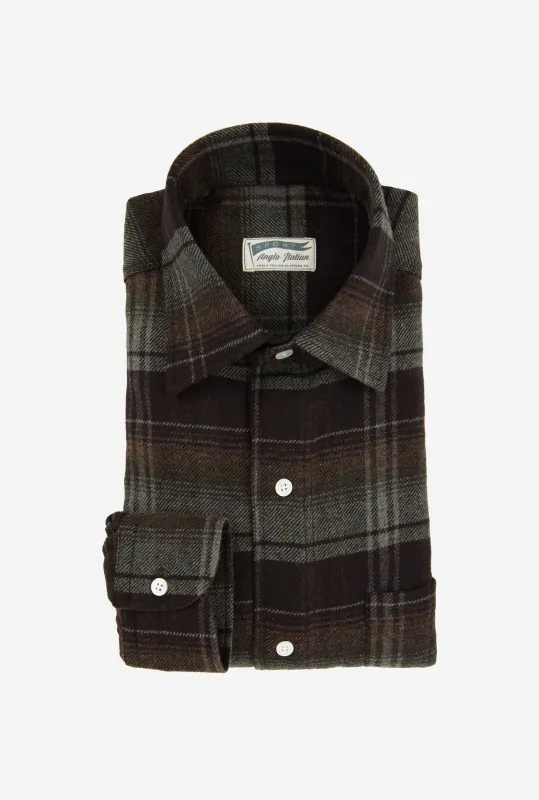 Mechanics Shirt Wool Moss Brown Check sold by Anglo Italian