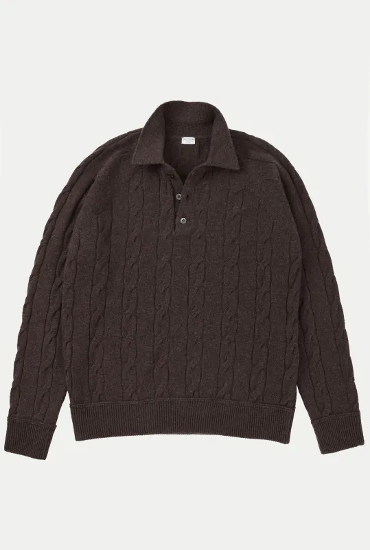 Raglan Polo Cableknit Wool-Cashmere Brown Melange sold by Anglo Italian