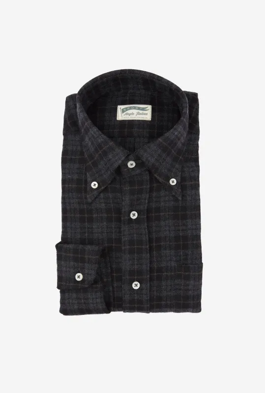 Button Down Sport Shirt Brushed Wool Charcoal Check sold by Anglo Italian