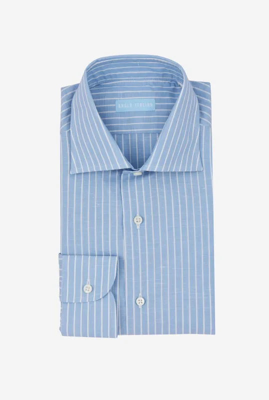 Spread Collar Shirt Zephyr Cotton-Linen Blue Reverse Stripe sold by Anglo Italian