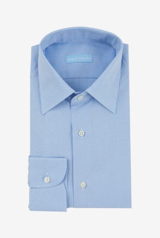 Point Collar Shirt Cotton Poplin Blue Check made by Anglo Italian