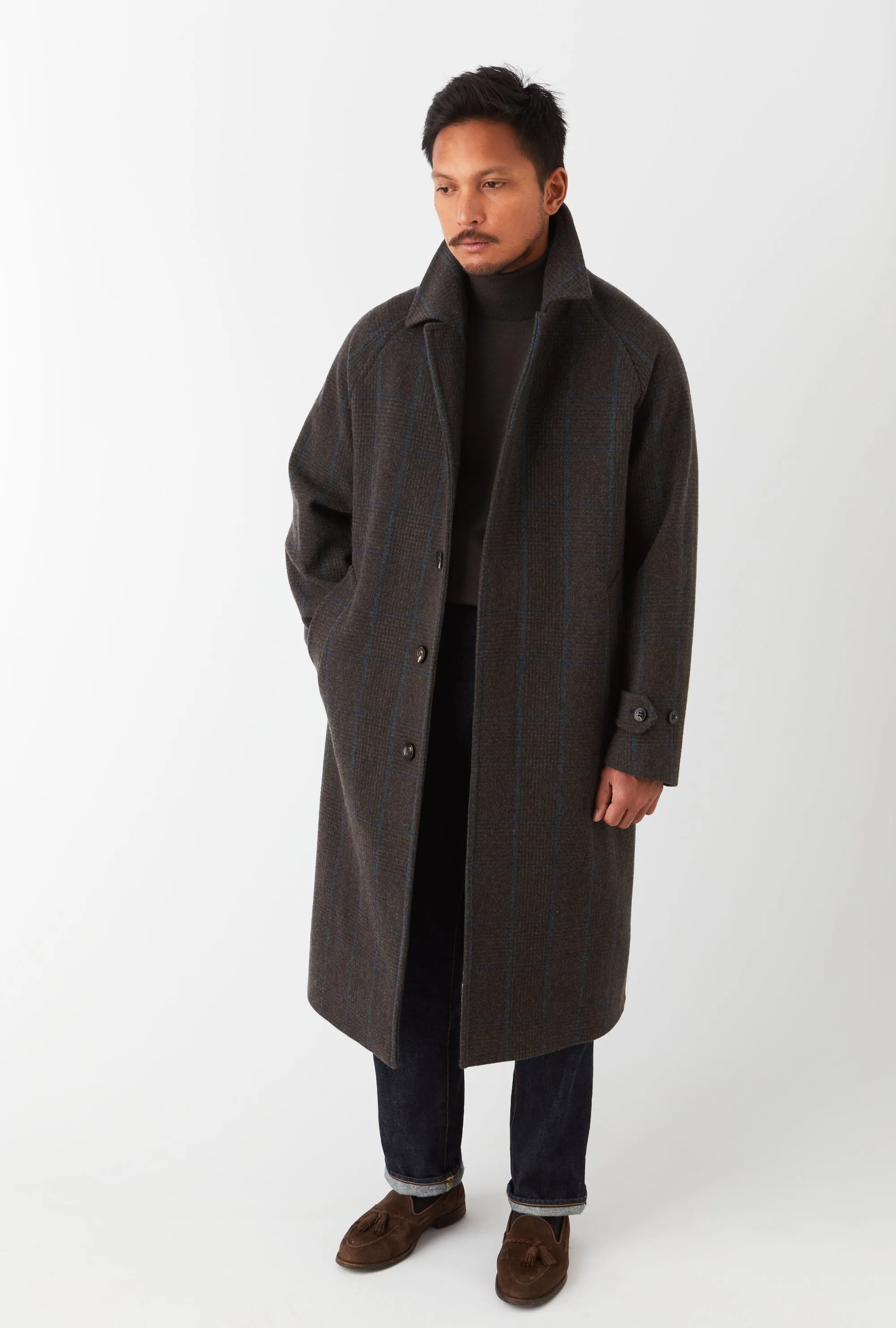 Raglan Sleeve Overcoat Wool Brown Glen Plaid Blue Overcheck sold by Anglo Italian product image thumbnail 5