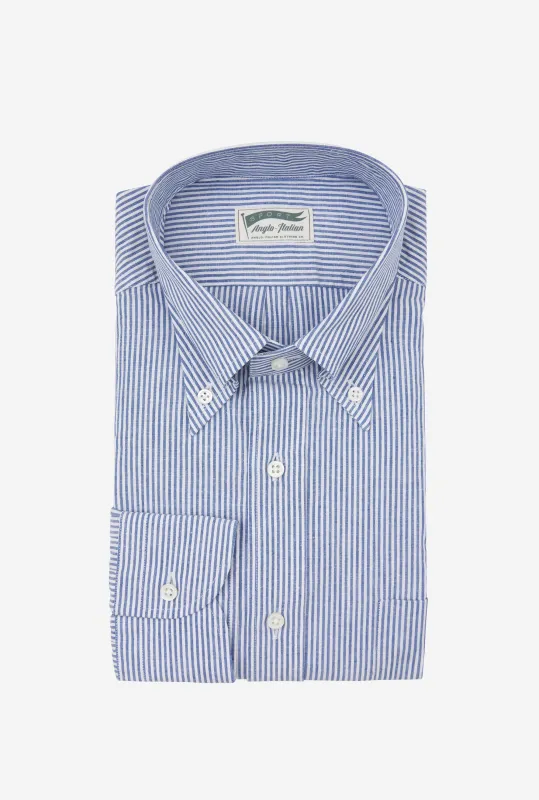 Button Down Sport Shirt Cotton-Linen Blue Bengal Stripe made by Anglo Italian