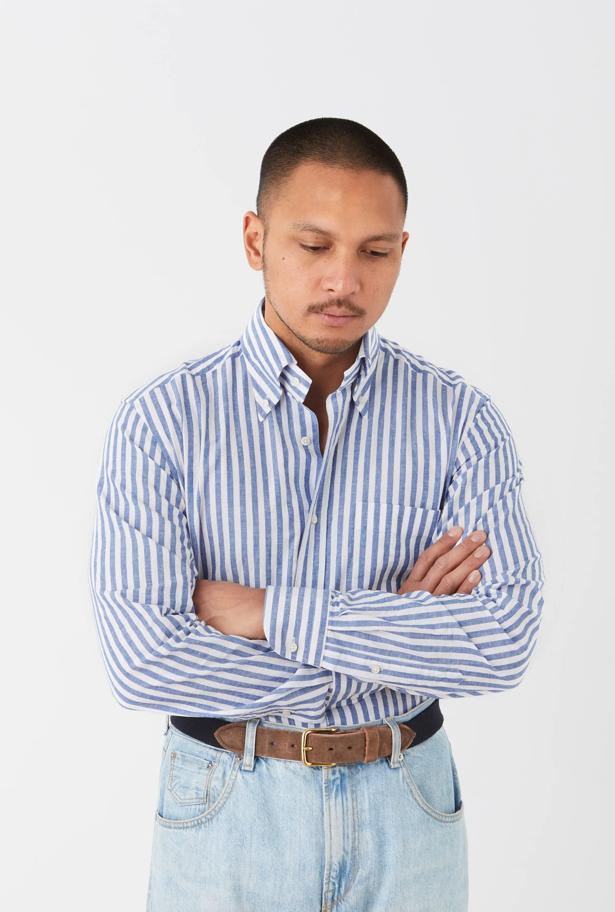 Button Down Sport Shirt Cotton-Linen Blue Butchers Stripe sold by Anglo Italian product image thumbnail 2