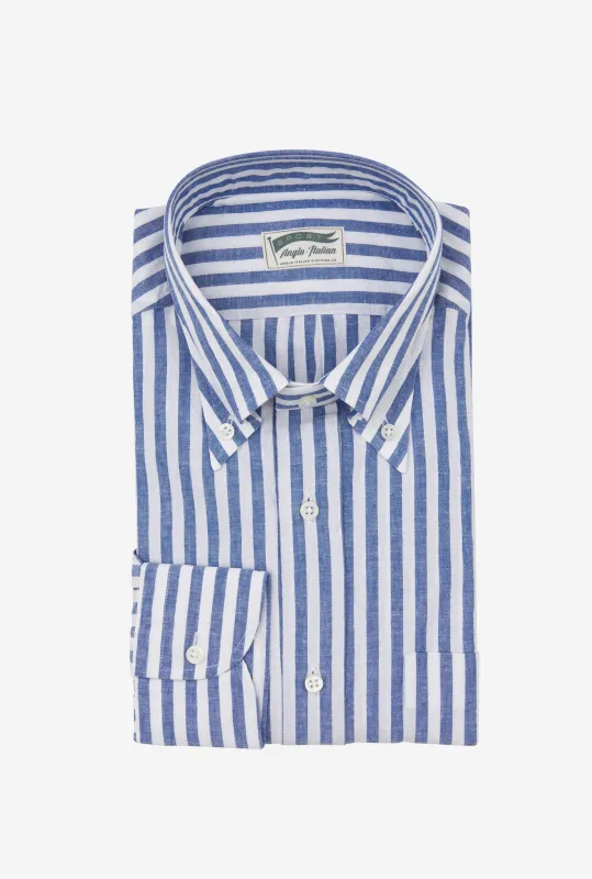 Button Down Sport Shirt Cotton-Linen Blue Butchers Stripe made by Anglo Italian