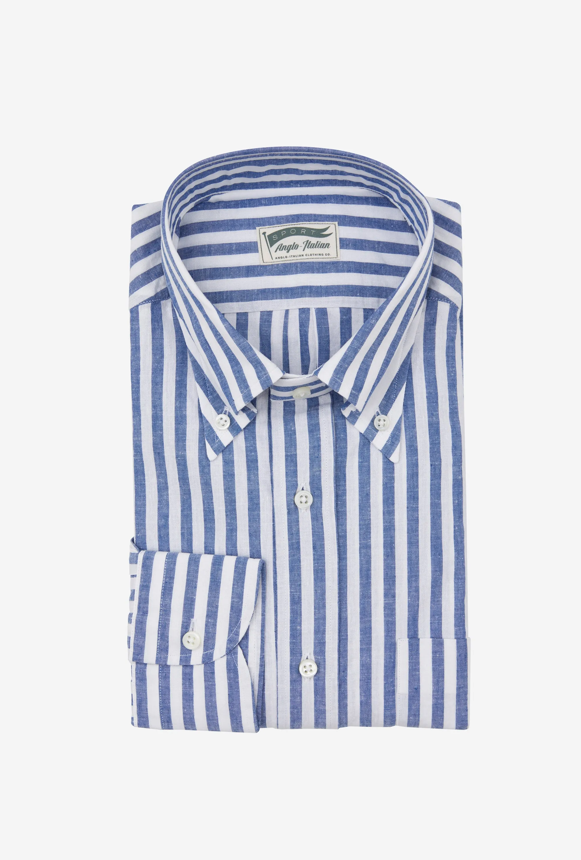 Button Down Sport Shirt Cotton-Linen Blue Butchers Stripe sold by Anglo Italian