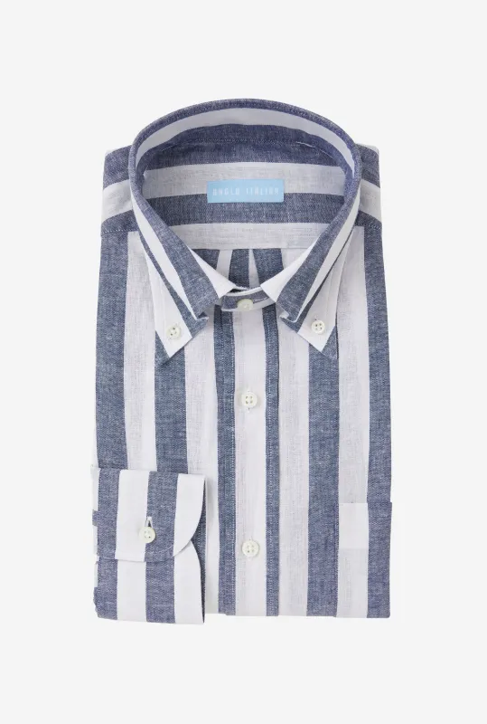 Button Down Sport Shirt Cotton-Linen Blue Wide Stripe made by Anglo Italian